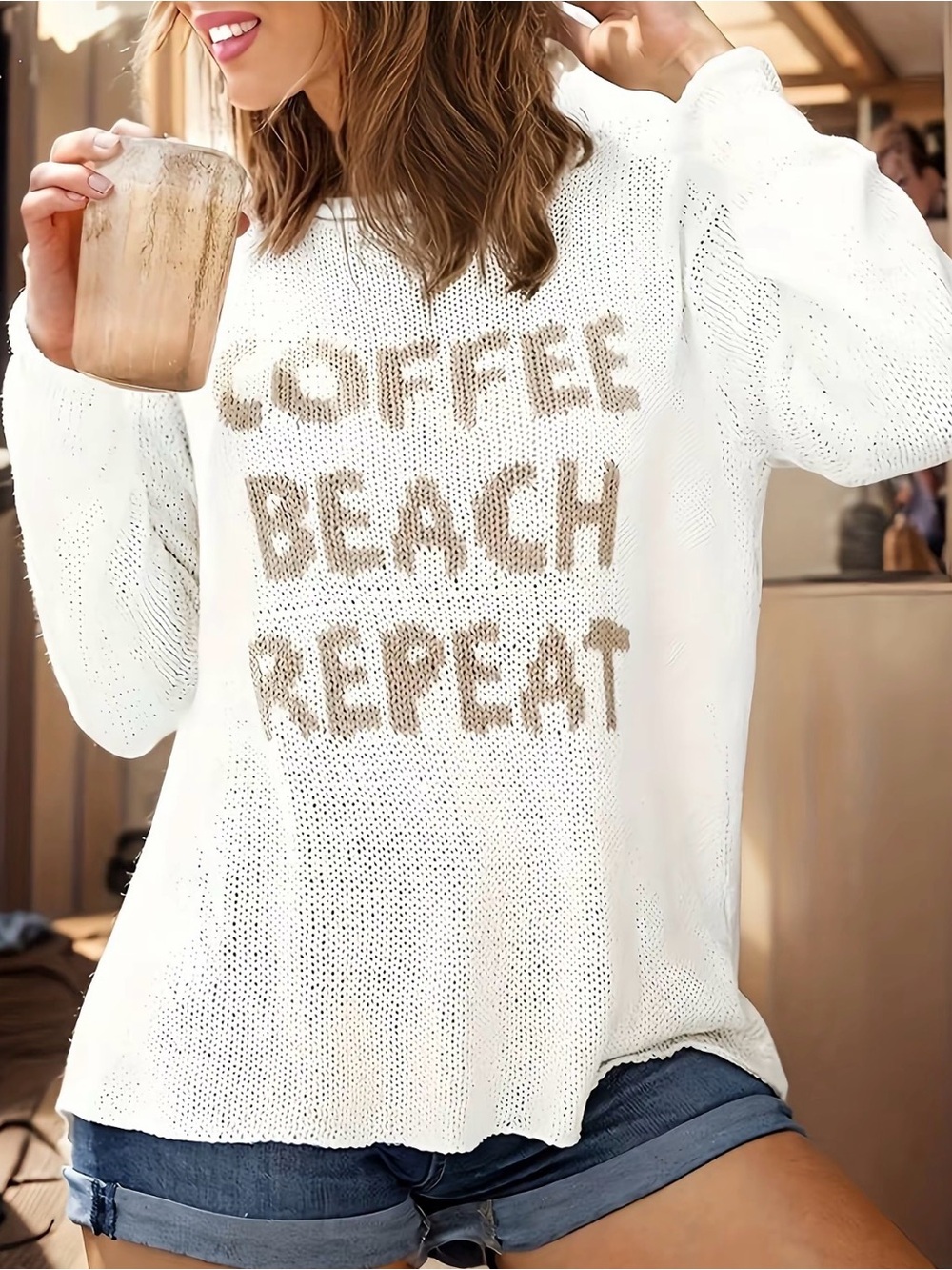Coffee Beach Repeat Lightweight Knit Pullover Brand New sz S
